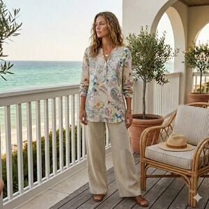 Malvin I Love Linen Paisley Floral Tunic Top M  Boho Beachy Lagenlook Resort